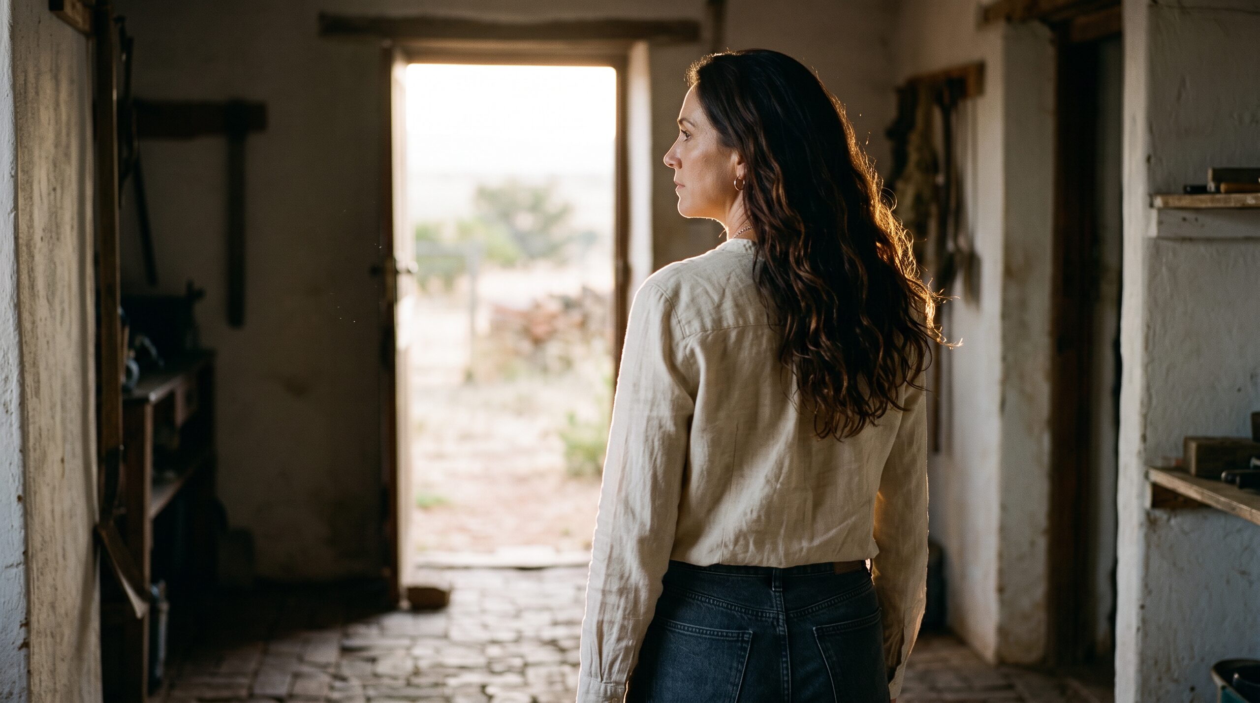 Ané Wilder walking away down a farmhouse passage toward a bright open door
