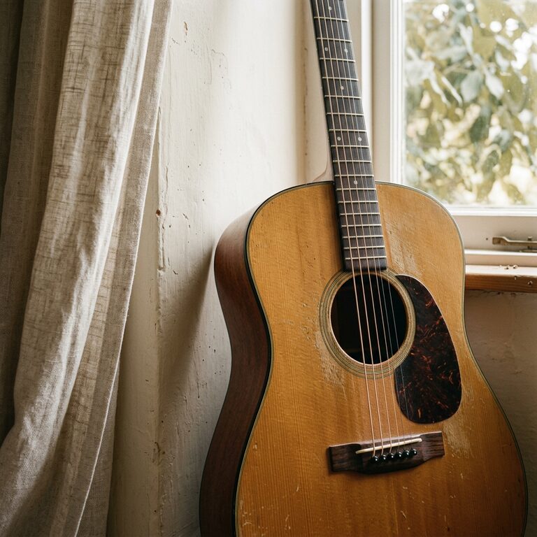 An acoustic guitar leaning against a wall beside a bright window
