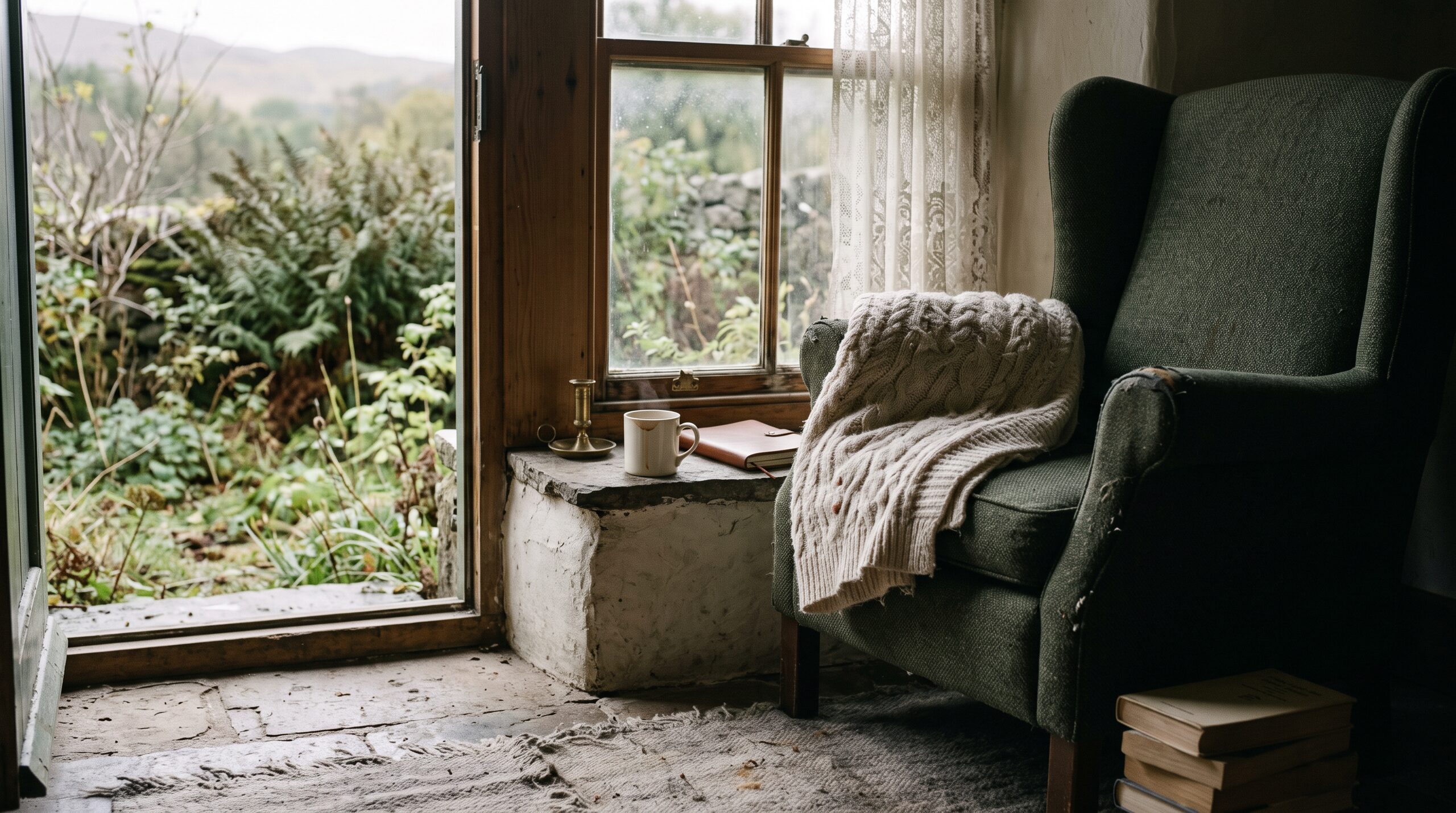 An armchair beside a cottage window with a folded knitted blanket
