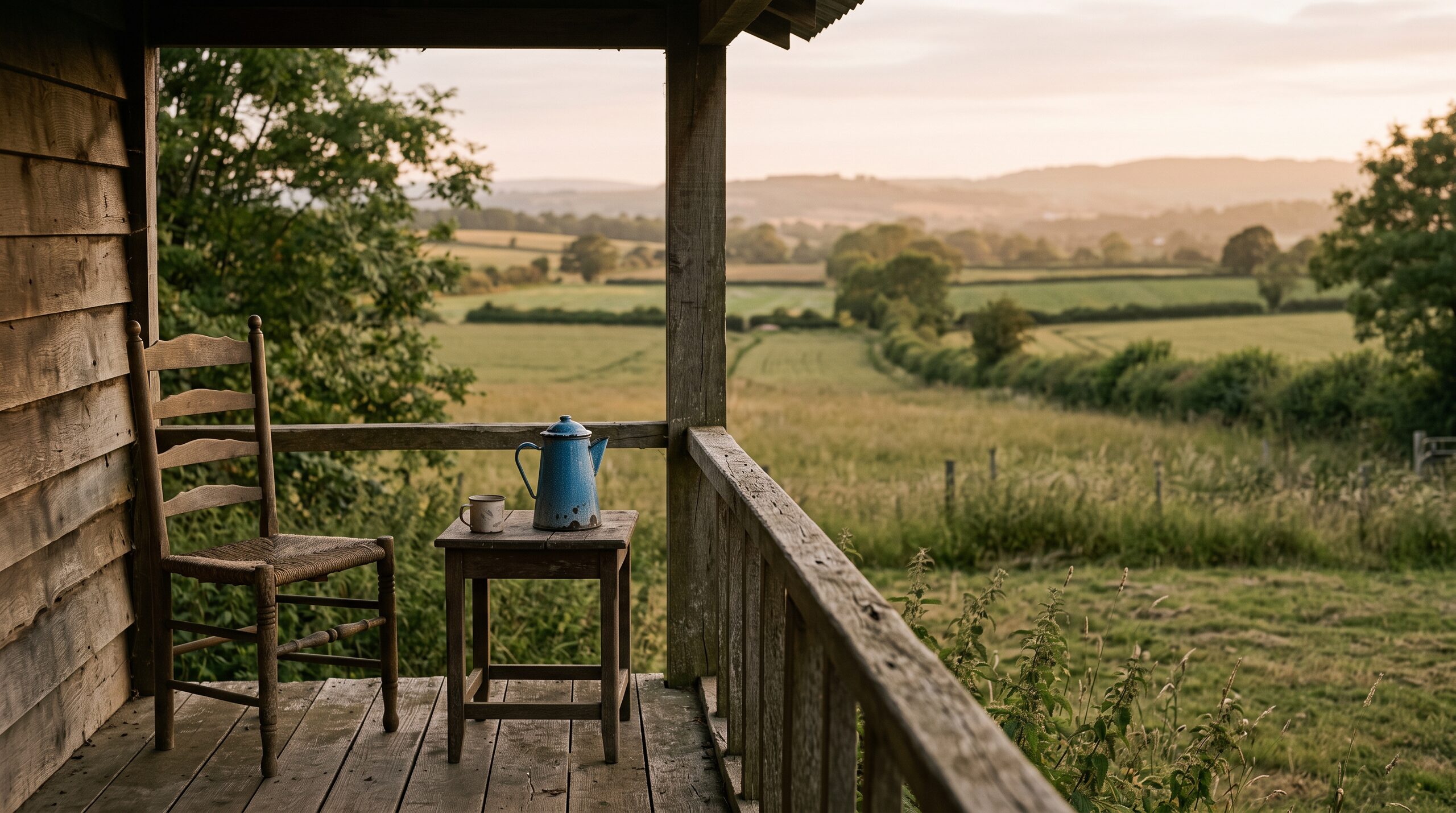 Two cups of coffee on a porch rail looking out over countryside in the golden hour
