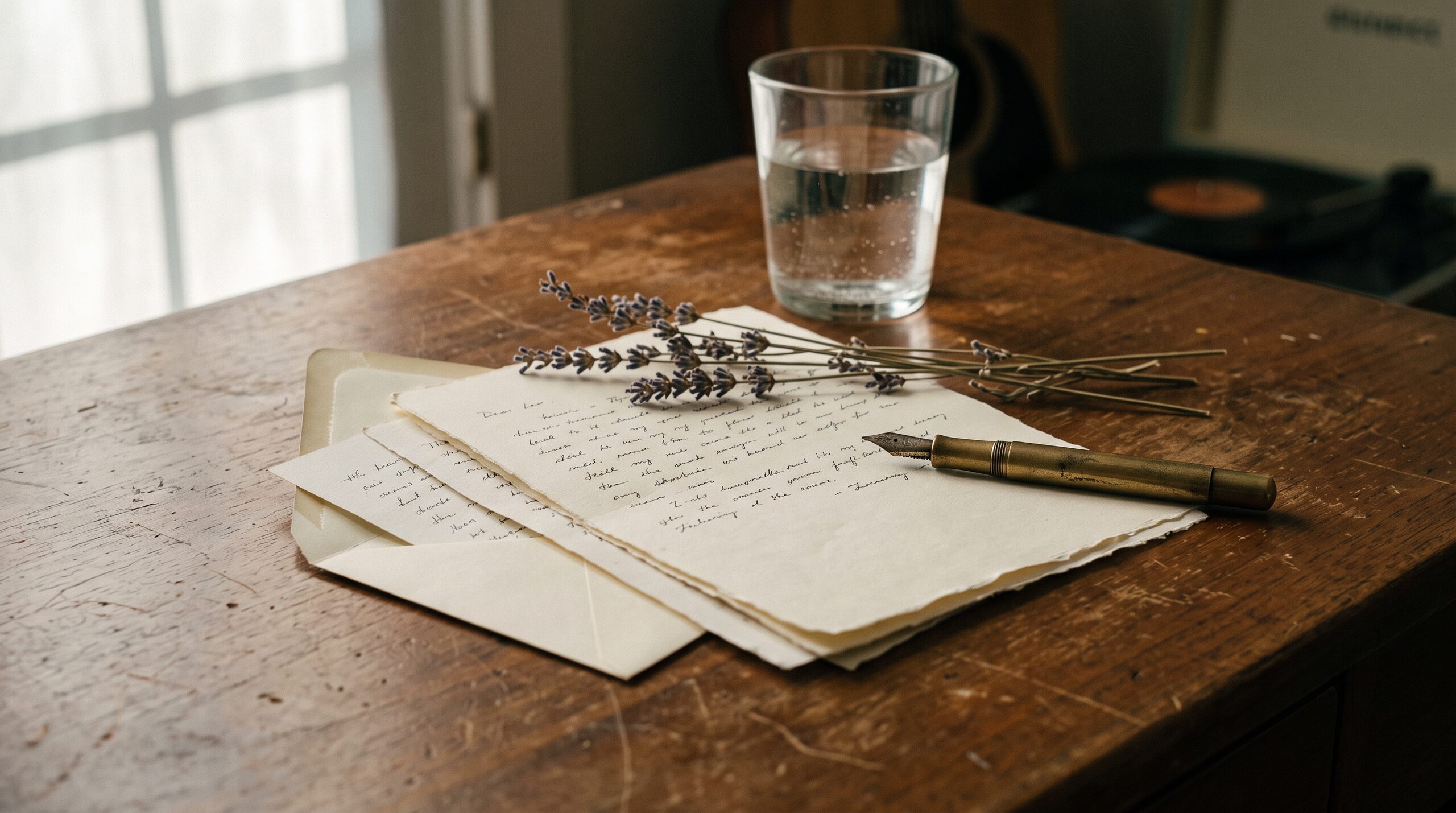 Handwritten letters, an envelope, dried lavender and a brass pen on a wooden desk